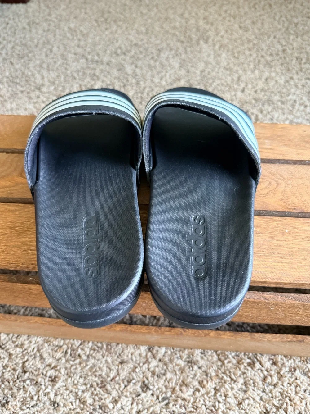 adidas mens Black Slides with White Stripes